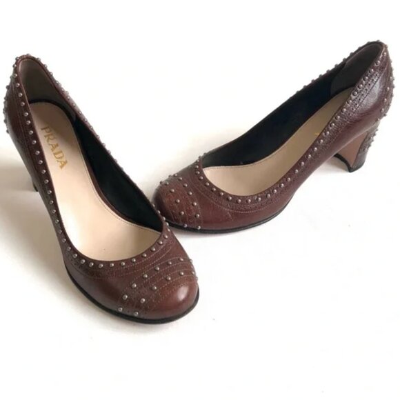 Prada Brown Leather Studded Block Heels, Size 6/36, Excellent Condition - Picture 1 of 7